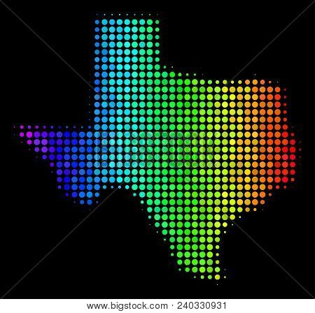 Dot Texas Map. Halftone Geographic Scheme Using Spectral Color Tints With Horizontal Gradient On A B