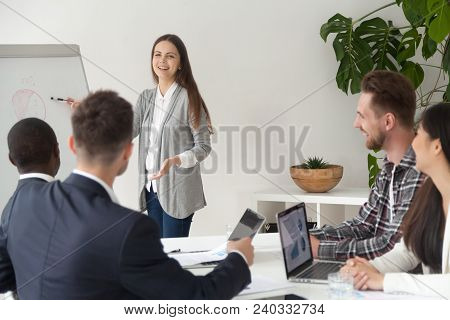 Smiling Young Employee Or Manager Giving Presentation Working On Flipchart In Meeting Room Making Bu