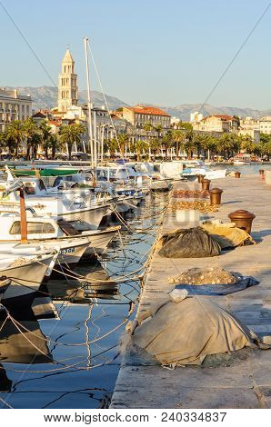 Fishing Boats Tied To Pier In Matejuska Bay - Split, Croatia, 10 July 2011