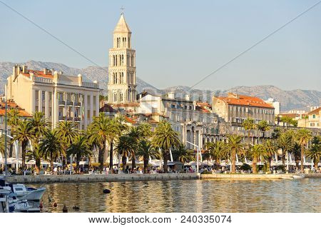 Riva Promenade And The Saint Domnius Bell Tower Photographed From Matejuska Bay - Split, Croatia