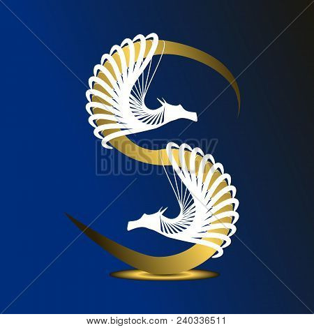 The Letter S Is Golden On A Dark Blue Background With White Dragons