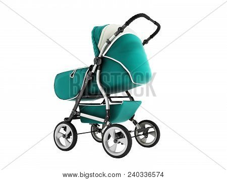 Modern Baby Stroller With Dome Against The Rain And Wind Blue With White Insets 3d Render On White B