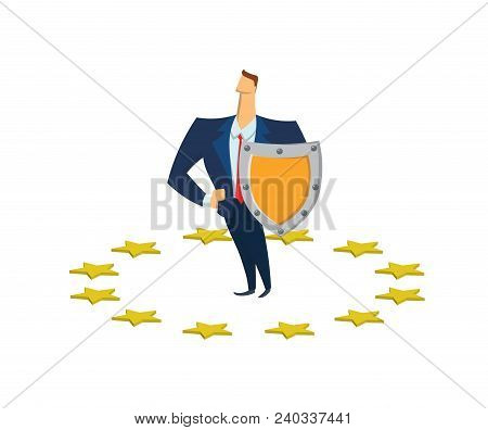 Businessman With A Shield In Circle Of Eu Stars. Gdpr, Rgpd, Dsgvo. Flat Vector Illustration. Isolat