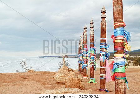 Colored Ribbons On The Thirteen Sacred Poles On Olkhon Island In Lake Baikal, Russia. Taken In Late 