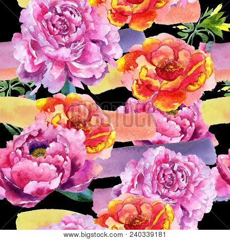 Wildflower Peony Pink Flower Pattern In A Watercolor Style. Aquarelle Wildflower For Background, Tex