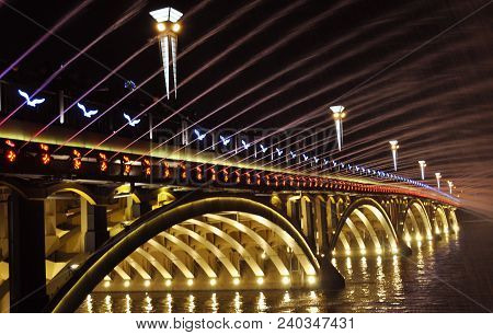Bridge and fountain
. Photographed in Changchun , China
