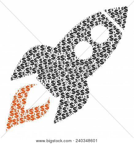 Space Rocket Launch Collage Of Dollars And Sphere Points. Vector Banking Icons Are Organized Into Sp
