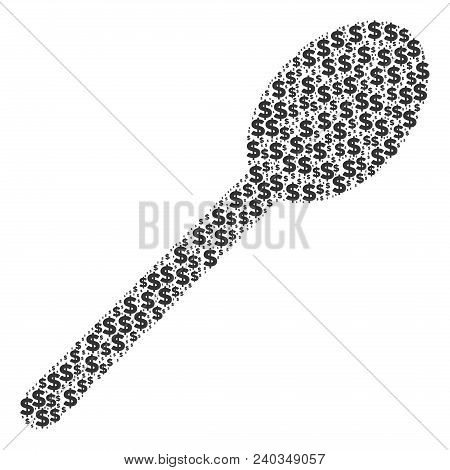 Spoon Collage Of Dollars And Sphere Spots. Vector Banking Signs Are Organized Into Spoon Composition