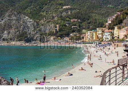 Monterosso Al Mare, Italy - April 27: Beach View Of Monterosso Bay, On April 27 2018 In Monterosso A