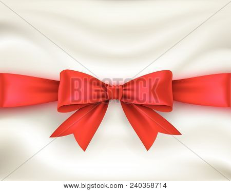 Red Ribbon With  Bow On Silk Background. Vector Illustration.