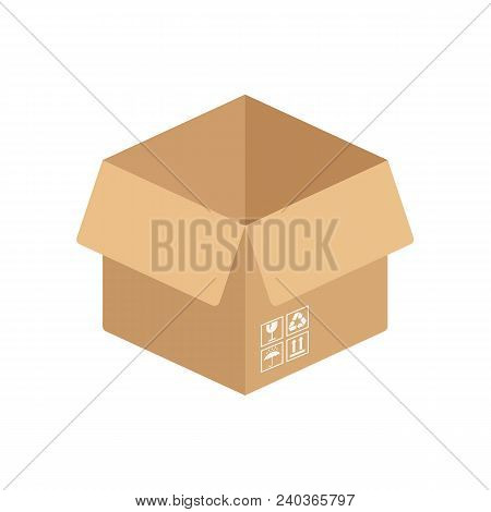 Open Flat Box. Brown Cardboard Box Isolated On White Background. Vector Stock.