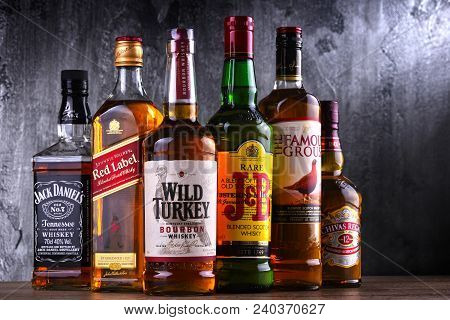 Poznan, Poland - Mar 30, 2018: Bottles Of Several Global Whiskey Brands, The Most Popular Liquor In 