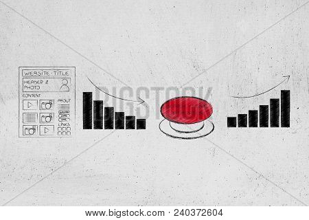 Seo And Website Analytics Conceptual Illustration: Webpage With Negative Stats Next To Search Engine