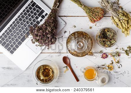 Herbal Tea For Home Medicina, Flat Lay On Table