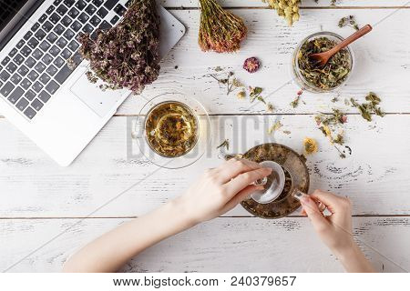 Herbal Tea For Home Medicina, Flat Lay On Table