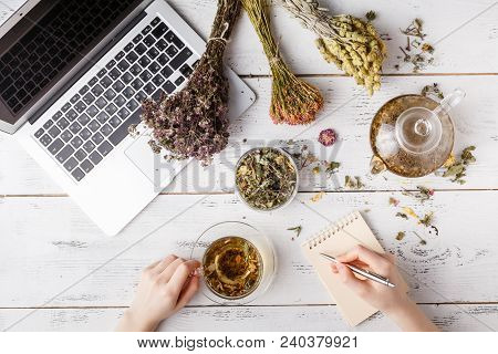 Cup Of Healthy Tea, Honey, Healing Herbs, Herbal Tea Assortment And Berries On Table. Top View. Herb
