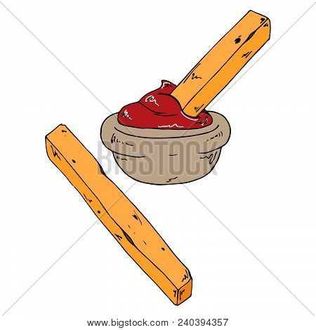 Vector Illustration French Fries From Fast Food With Sauce. Fried Potatoes Are Dipped In Ketchup. Ha
