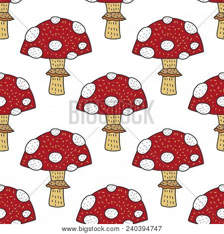 Seamless Vector Forest Pattern With Cute Color Illustrations - Handdrawn Cute Amanita Muchrooms.