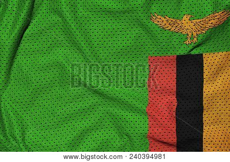 Zambia Flag Printed On A Polyester Nylon Sportswear Mesh Fabric With Some Folds