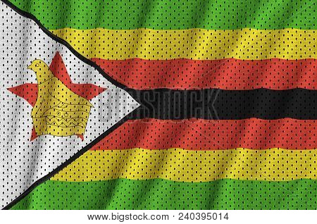 Zimbabwe Flag Printed On A Polyester Nylon Sportswear Mesh Fabric With Some Folds