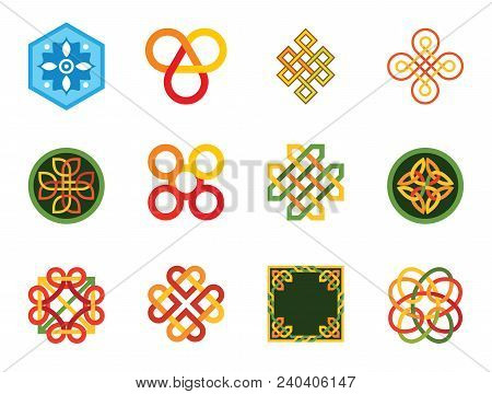 Pattern Icon Set. Hexagon Pattern Infinite Knot Traditional Knot Chinese Amulet Round Pattern Creati