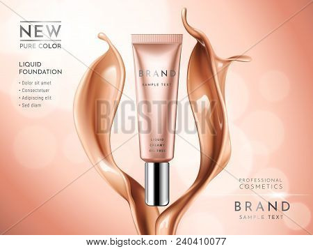 Premium Liquid Foundation Ads. Cosmetic Tube With Liquid Creamy Texture Isolated On Glitter Bokeh Ba