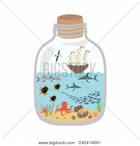 Cartoon Underwater World In A Bottle, Fish, Sharks, Turtles, Octopus, Treasure Chest, Ship. Vector I