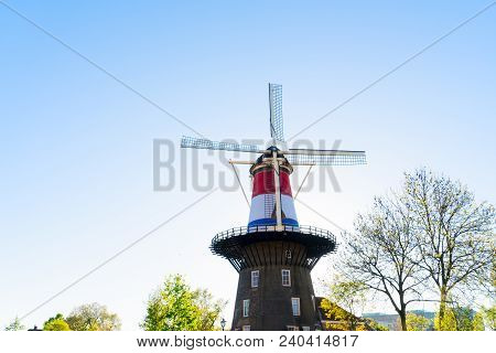 Windmill Of Leiden Wrapped In Netherlands Flag, Holland