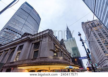 New York, Us - March 28, 2018: The Back Entrance Exterior Of The Iconic Central Station In New York