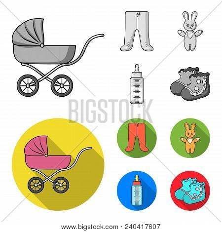 Stroller, Bottle With A Pacifier, Toy, Sliders.baby Born Set Collection Icons In Monochrome, Flat St