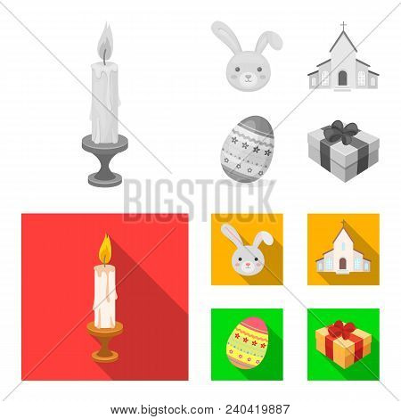 Church, Candle, Easter Bunny And Painted Egg.easter Set Collection Icons In Monochrome, Flat Style V