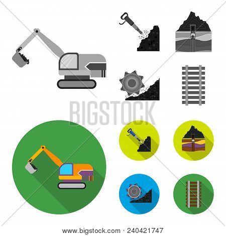 Excavator, Tunnel, Elevator, Coal Harvester And Other Equipment.mine Set Collection Icons In Monochr