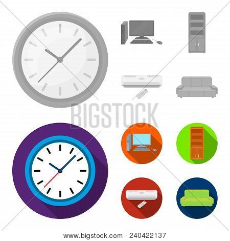 Clock With Arrows, A Computer With Accessories For Work In The Office, A Cabinet For Storing Busines