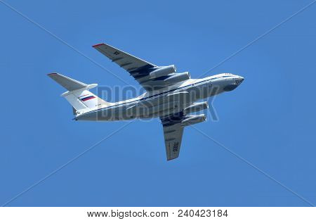 Moscow, Russia - May 9, 2018: Russian Military Transport Plane Il-76md (candid) In Clear Blue Sky In