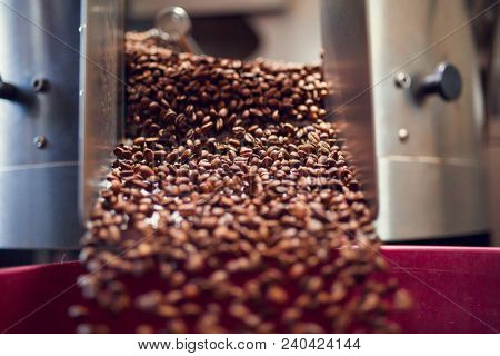 Photo of falling coffee beans from roaster
