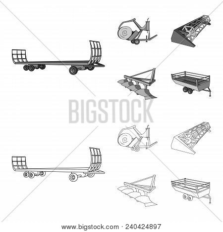 Plow, Combine Thresher, Trailer And Other Agricultural Devices. Agricultural Machinery Set Collectio