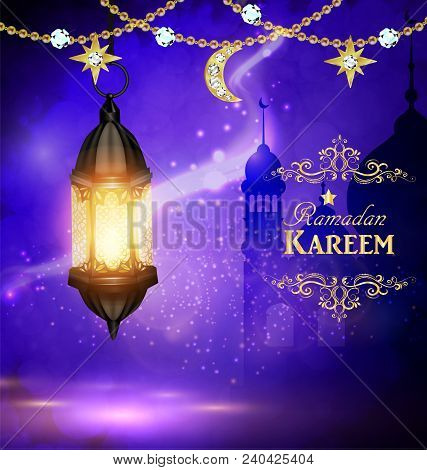 Mosque Silhouette Background In Sunset Sky Magic Light Lantern And Golden Moon And Stars For Ramadan