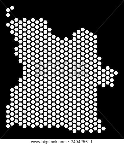 Hex-tile Angola Map. Vector Territorial Scheme On A Black Background. Abstract Angola Map Mosaic Is 