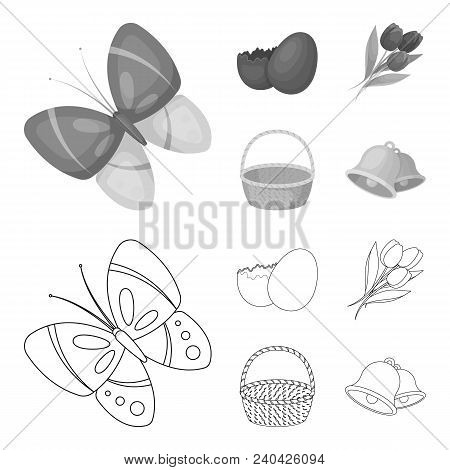 Chocolate Egg, Bells, Basket And Flowers.easter Set Collection Icons In Outline, Monochrome Style Ve