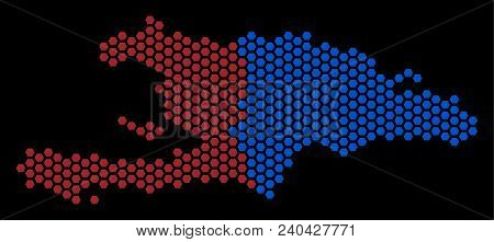 Hexagon Haiti And Dominican Republic Map. Vector Territorial Plan On A Black Background. Abstract Ha