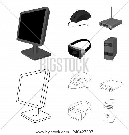 Monitor, Mouse And Other Equipment. Personal Computer Set Collection Icons In Outline, Monochrome St