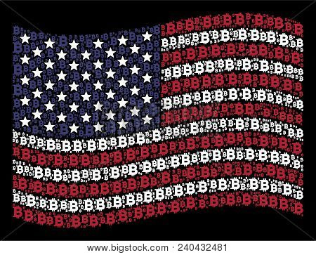 Bitcoin Icons Are Grouped Into Waving American Flag Mosaic On A Dark Background. Vector Composition 