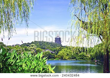 Hangzhou West Lake And Leifeng Pagoda In A Sunny Day. West Lake Is One Of The Famous Tourist Destina