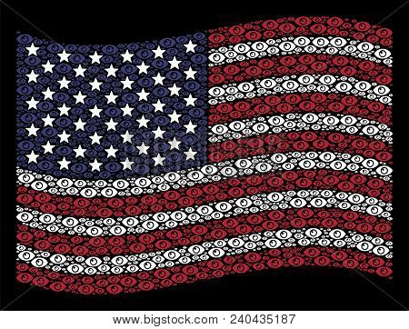 Eye Icons Are Arranged Into Waving United States Flag Abstraction On A Dark Background. Vector Colla