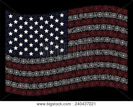 Target Bullseye Symbols Are Organized Into Waving Usa Flag Mosaic On A Dark Background. Vector Compo