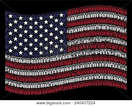 Test Tube Items Are Composed Into Waving American Flag Abstraction On A Dark Background. Vector Comp