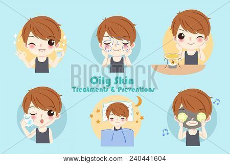 Man With Oily Skin Treatment Preservation On The Blue Background
