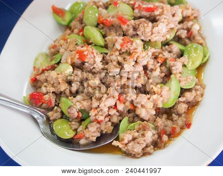 Petai With Pork In The White Plate , Thai Style