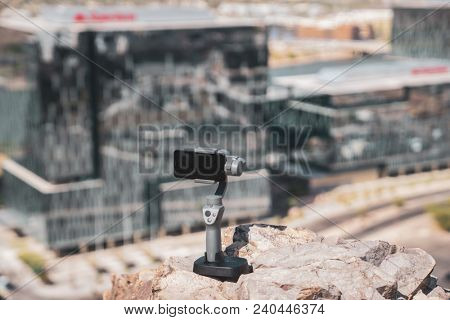 Tempe,Az,USA-5.2.18: DJI Osmo Mobile 2. DJI is a Chinese technology company.  DJI revealed a  new version of its popular gimbal at a much lower price for its handheld camera stabilizers At CES 2018.