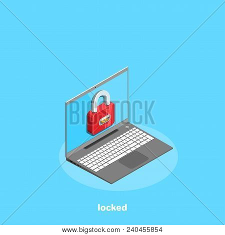 Locked Laptop On A Blue Background, Isometric Image